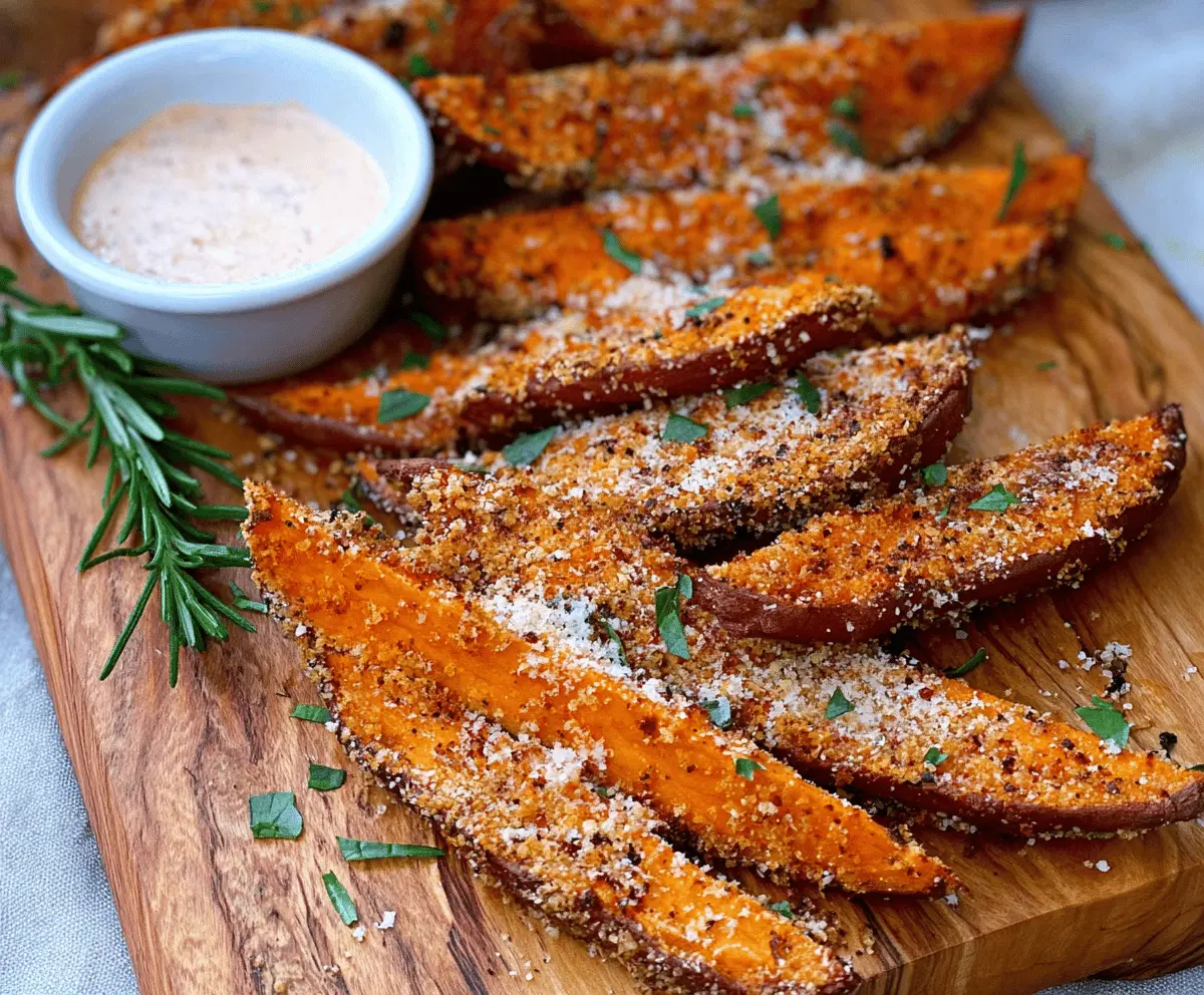 Garlic Parmesan Sweet Potato Wedges on a plate, garnished with fresh herbs, crispy and golden brown, perfect for a healthy snack or side dish