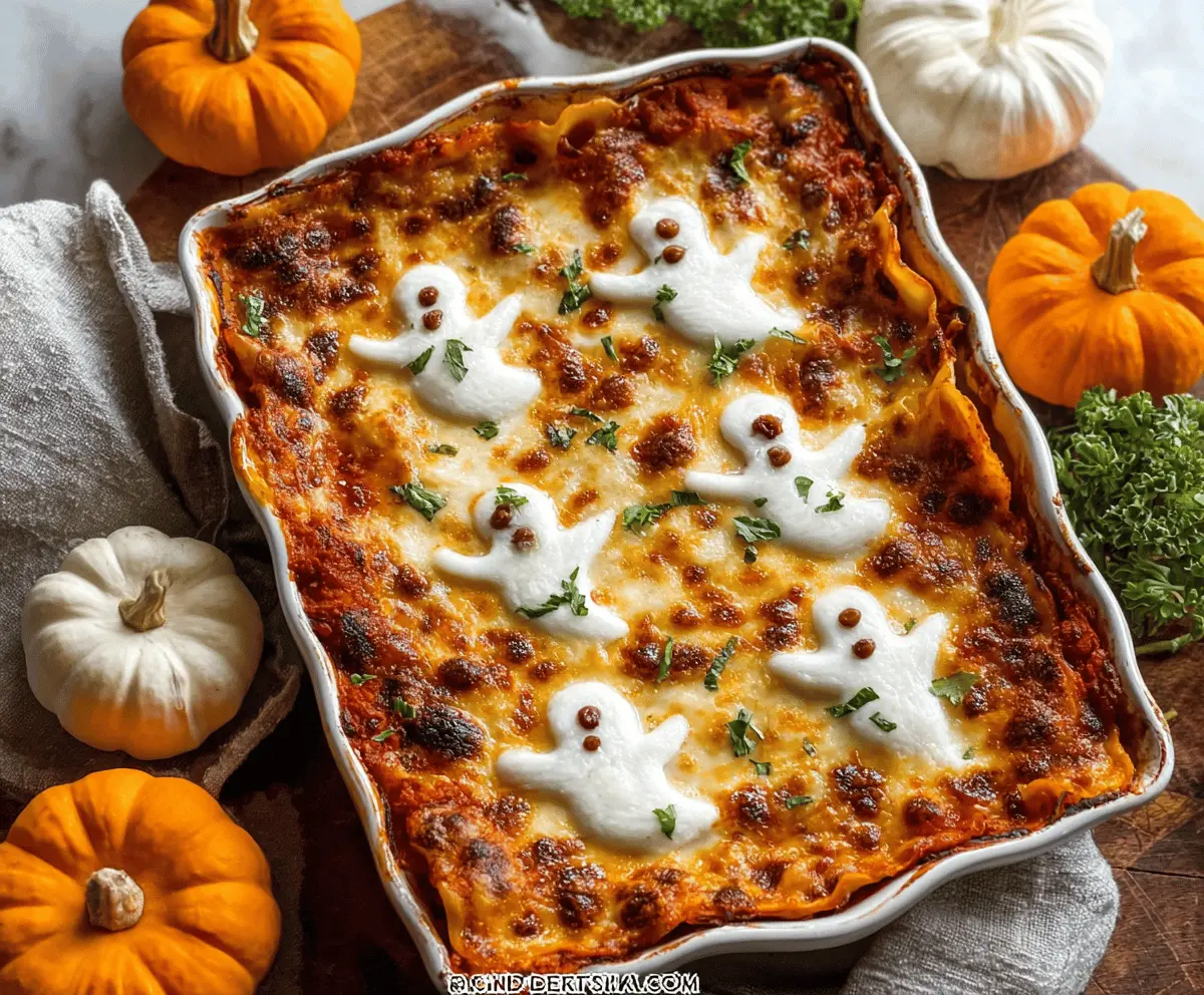 A spooky Halloween-themed ghost-shaped lasagna with melted cheese and tomato sauce on a spooky dinner plate, perfect for Halloween dinner.