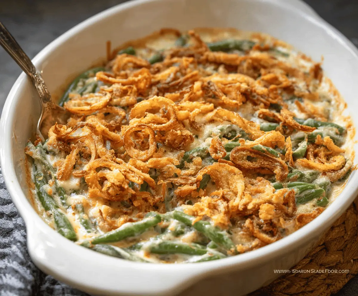Delicious green bean casserole topped with crispy fried onions on a white plate.