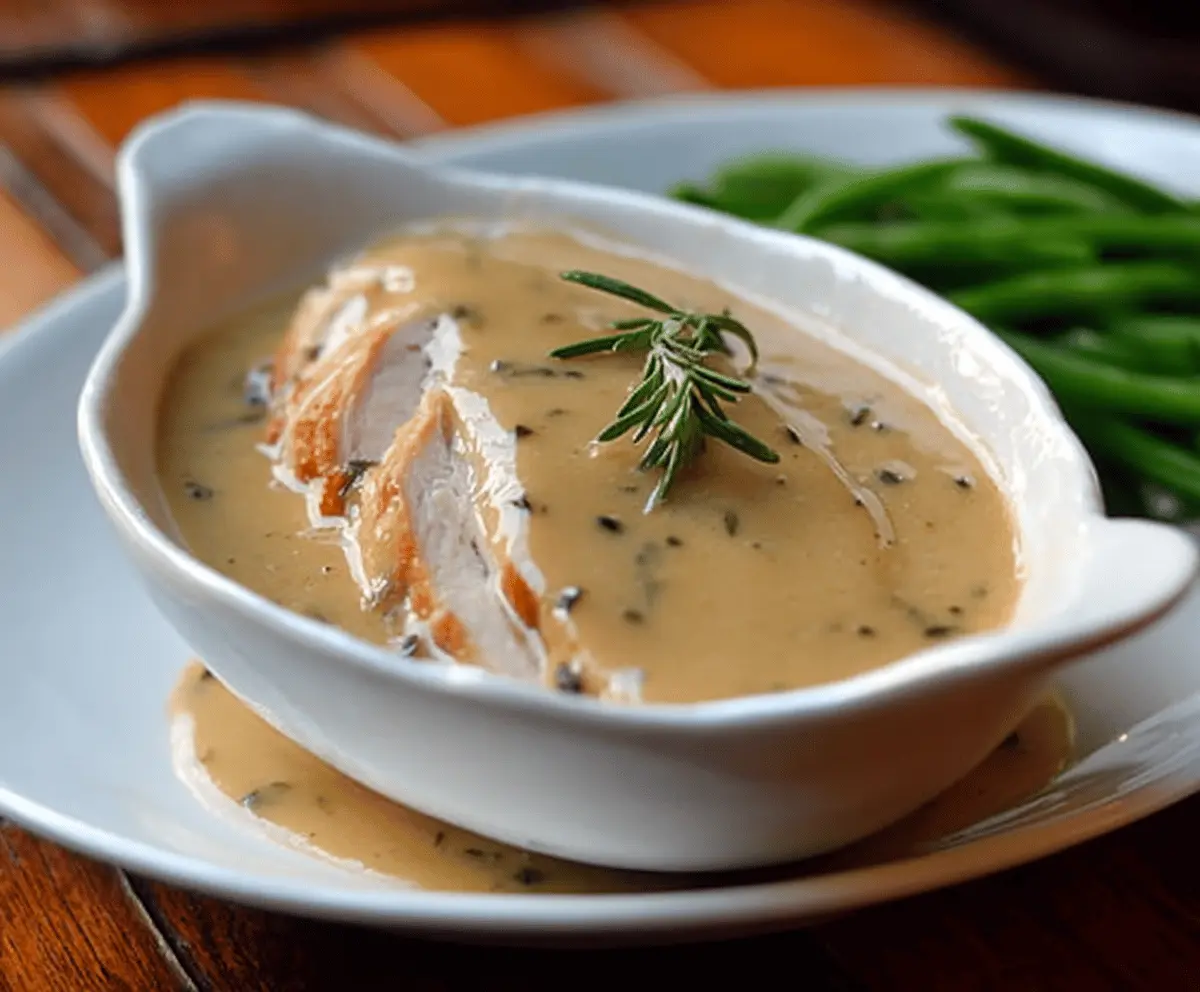 Delicious Herbed Turkey Gravy served over a roasted turkey for a savory holiday meal