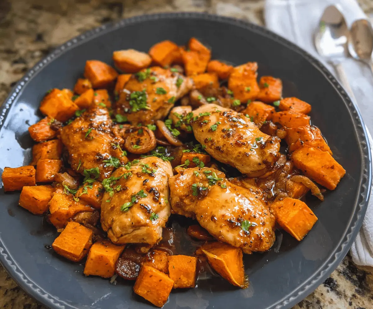 Delicious honey garlic chicken served with roasted sweet potatoes on a plate, showcasing a flavorful and healthy meal option.