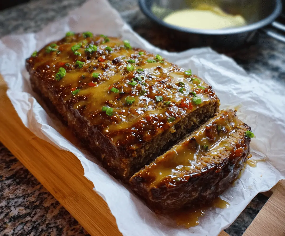 Juicy honey mustard glazed meatloaf served on a white plate with fresh herbs, perfect for a comforting dinner.