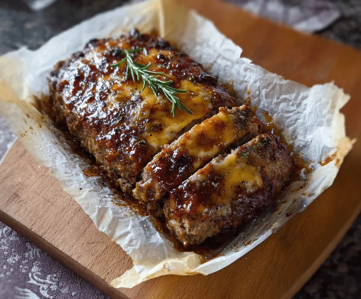 Juicy honey mustard glazed meatloaf topped with fresh herbs on a serving platter, ready to serve
