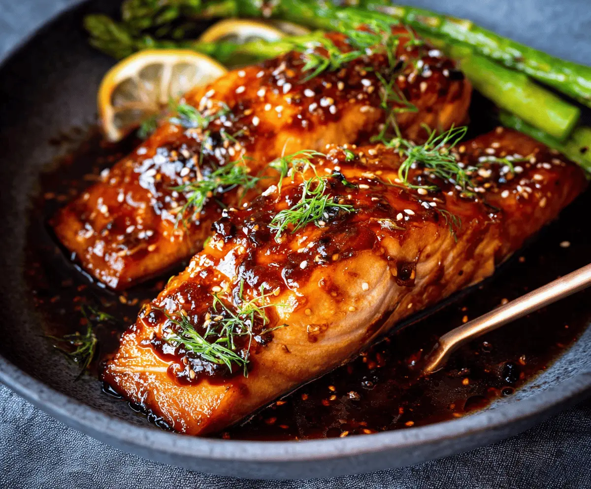 Delicious Honey Soy Sauce Glazed Salmon fillet garnished with fresh herbs on a white plate, perfect for a healthy seafood dinner.