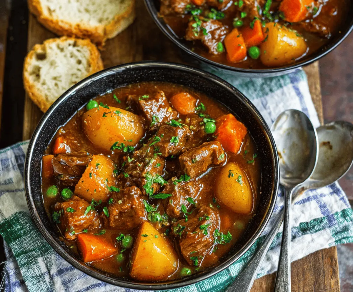 Hearty Instant Pot beef stew with tender beef chunks, vegetables, and savory broth in a white bowl, ready to serve.
