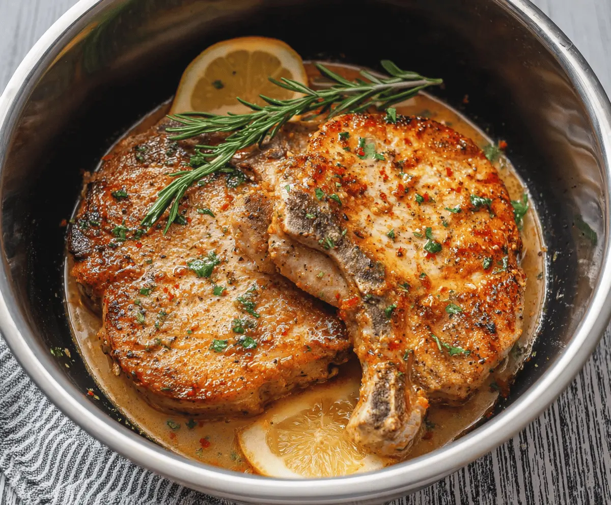 Juicy and tender Instant Pot pork chops garnished with herbs, served with vegetables on a plate