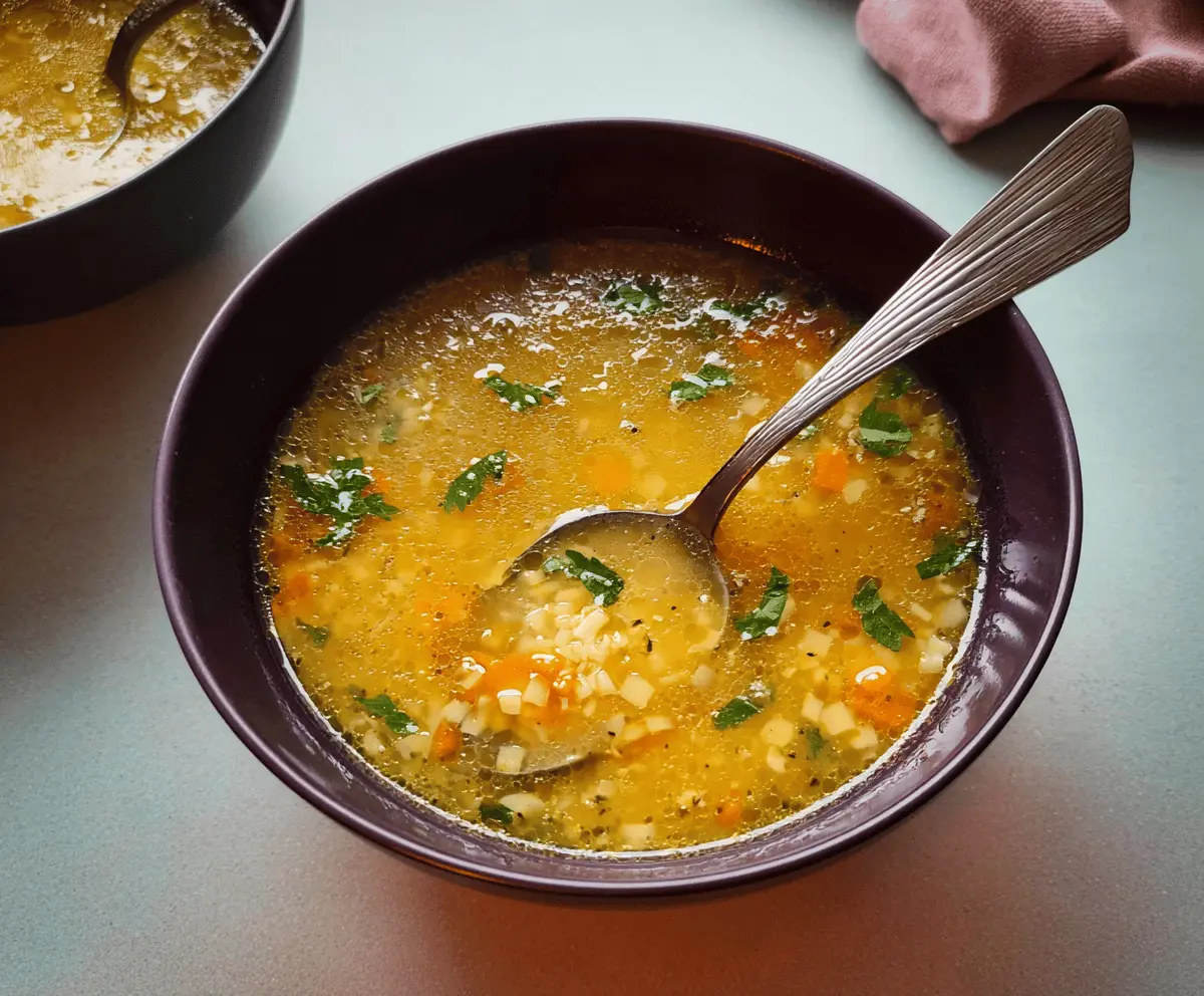 A steaming bowl of Italian Penicillin Soup featuring fresh vegetables, herbs, and chicken, served in a rustic bowl with bread on the side.