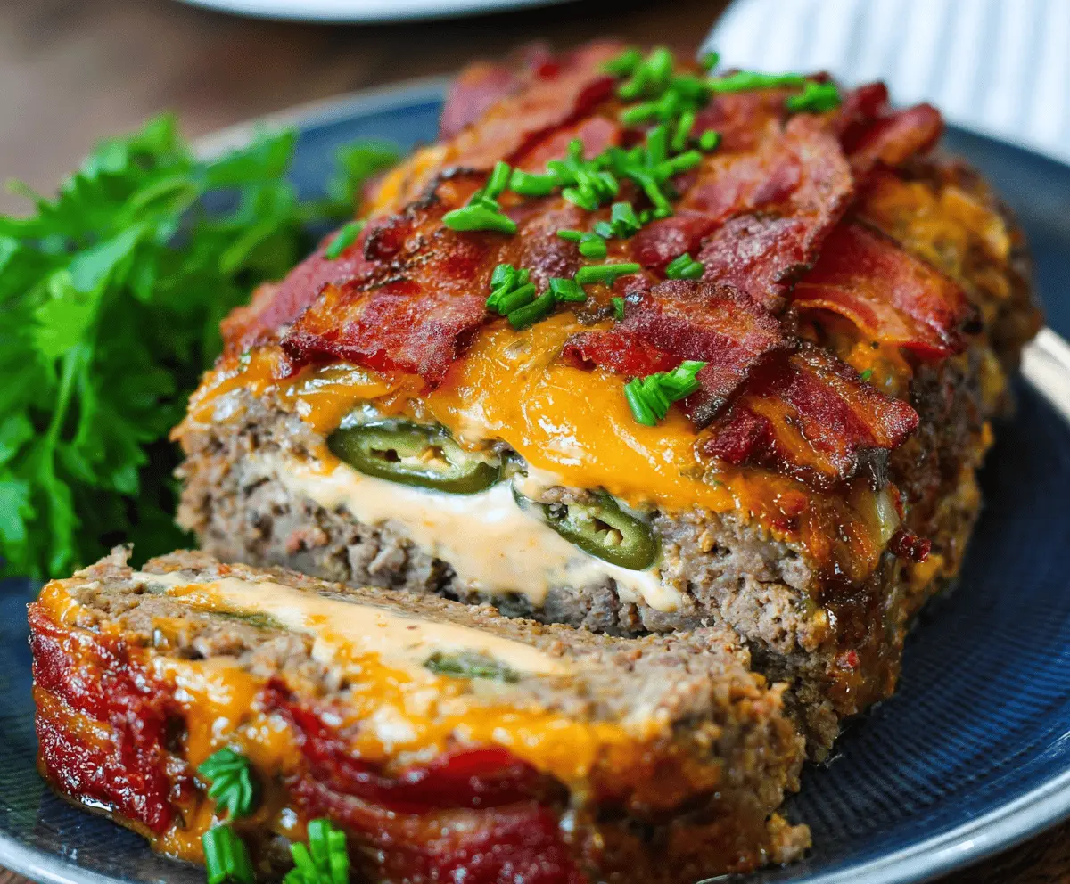 Juicy Jalapeño Popper Meatloaf topped with melted cheese and sliced jalapeños on a serving plate, perfect for spicy comfort food lovers.
