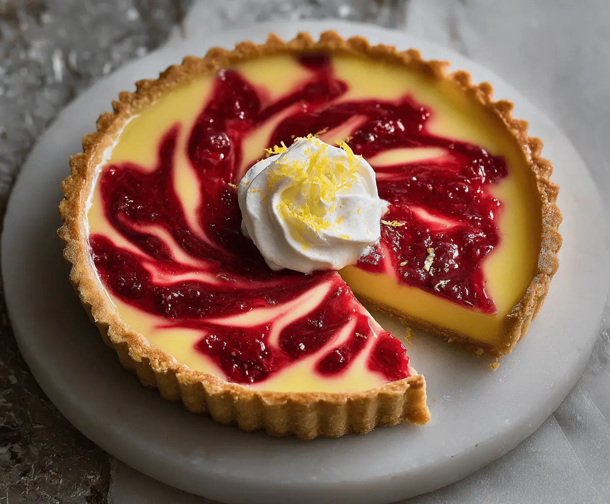 Delicious Lemon Cranberry Tart topped with fresh cranberries and lemon slices, showcasing a golden crust and vibrant flavors perfect for festive desserts.