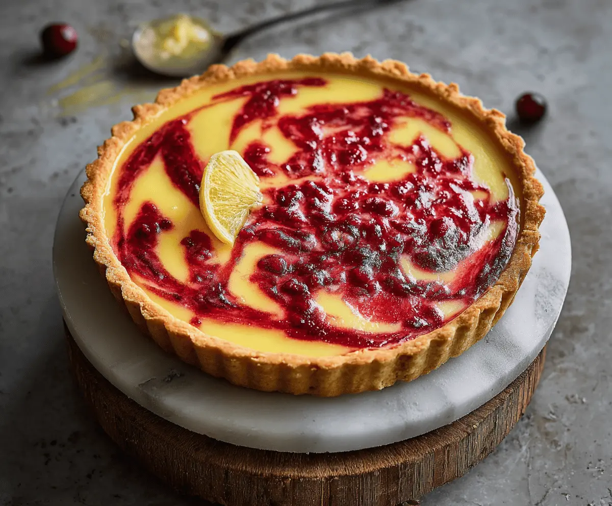 Delicious Lemon Cranberry Tart topped with fresh cranberries and lemon slices, showcasing a golden crust and vibrant citrus flavors.