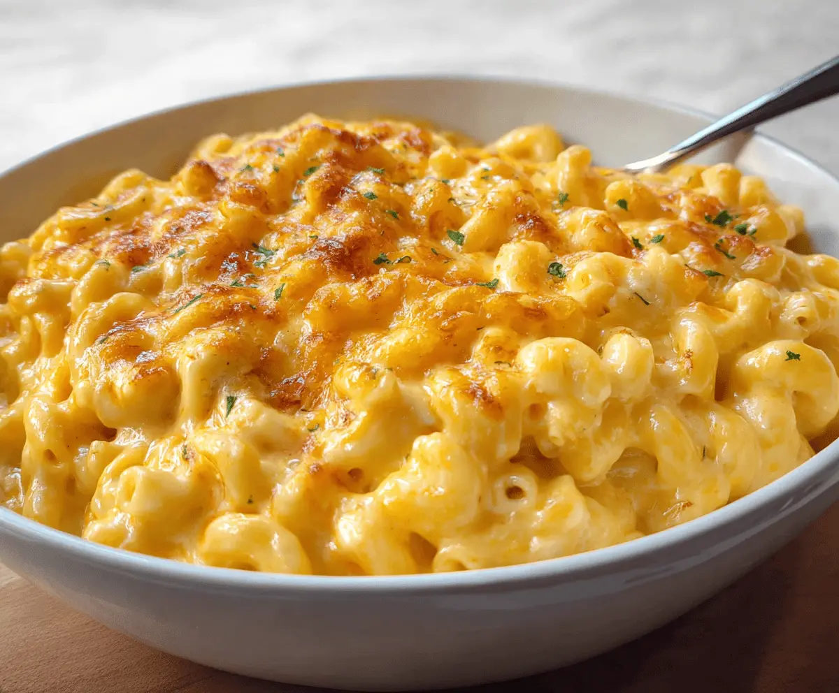 Delicious creamy homemade mac and cheese served in a bowl, topped with golden cheese and herbs.