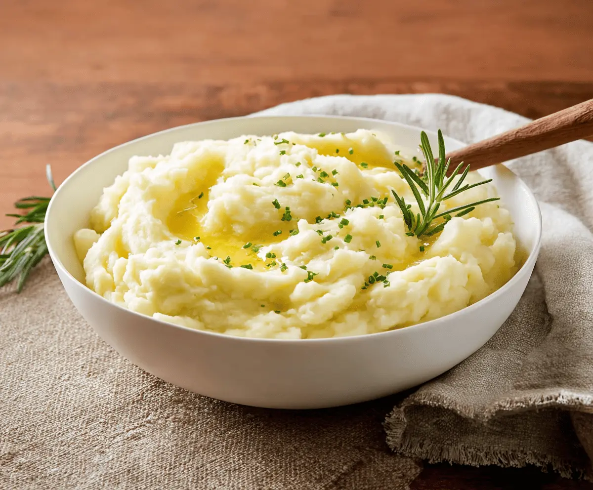 Creamy mashed potatoes with butter and herbs served in a white bowl.
