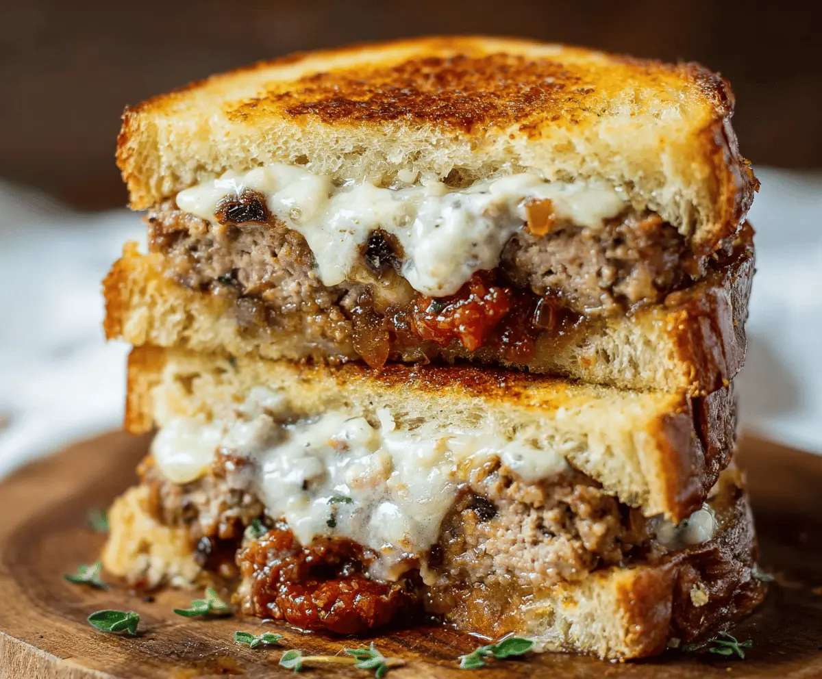 Delicious meatloaf sandwich with melted cheese and fresh toppings served on a crusty bun.