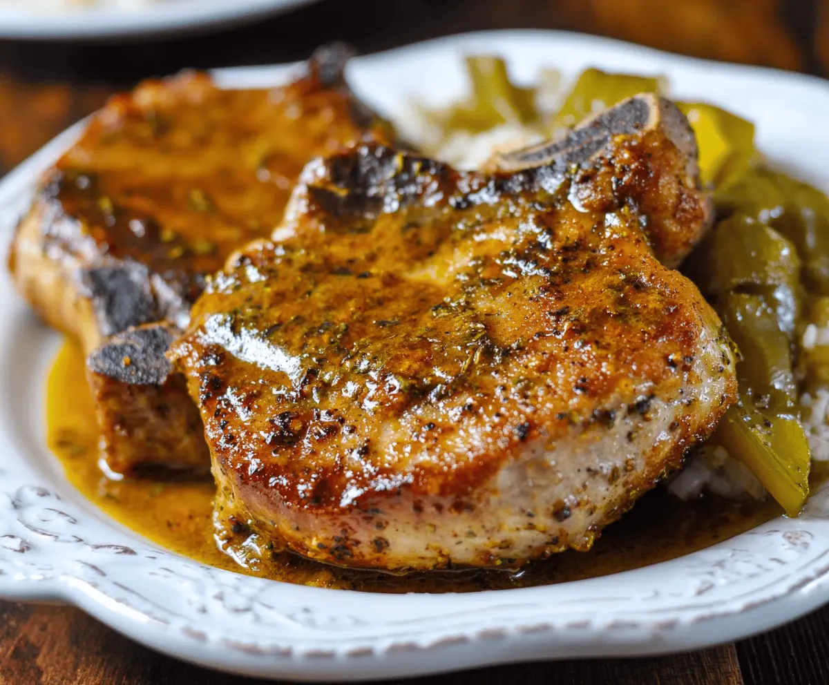 Juicy Mississippi Pork Chops cooked to perfection with flavorful seasoning and served with fresh vegetables on a plate.