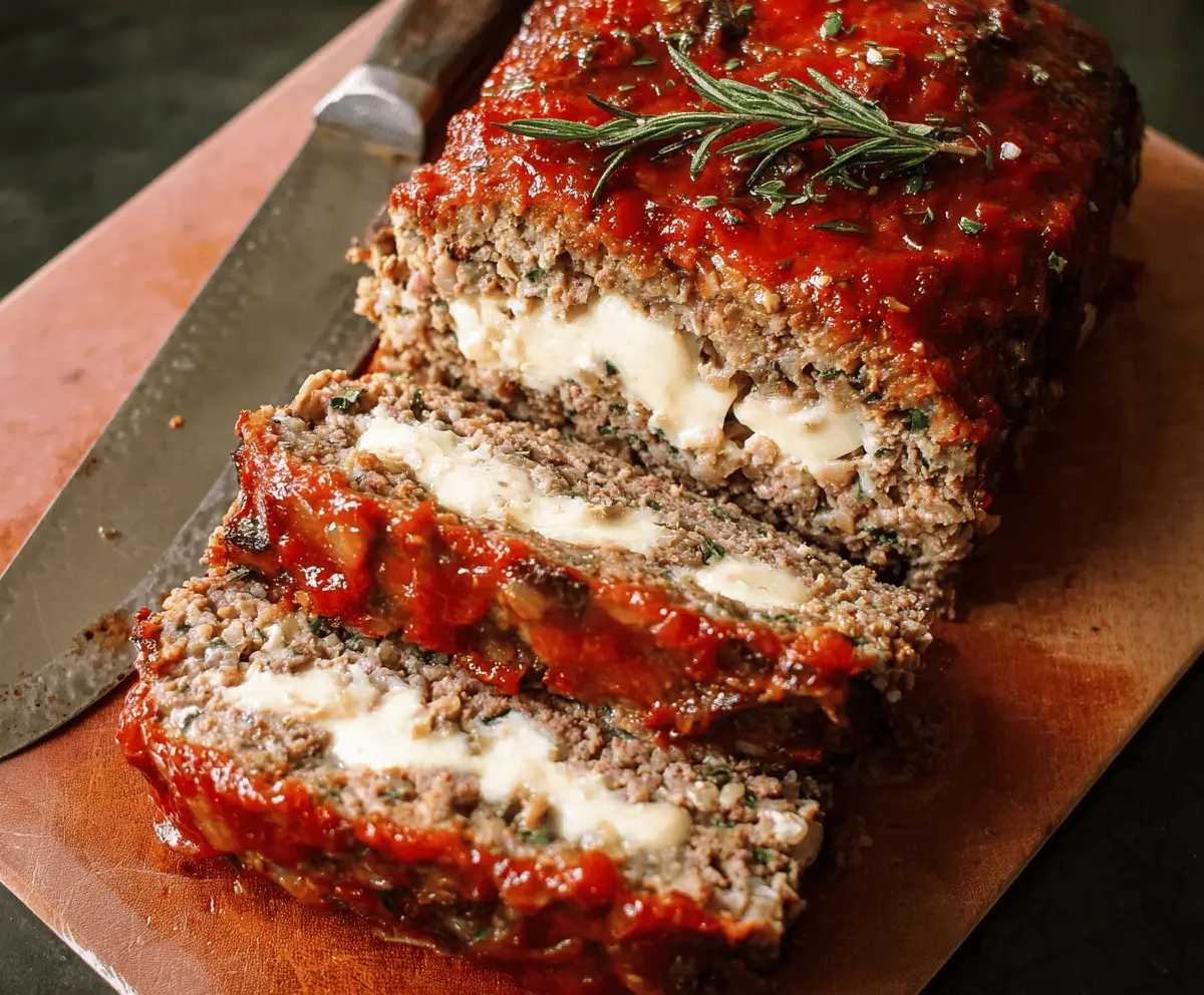 Delicious mozzarella-stuffed meatloaf garnished with fresh herbs on a rustic plate, ready to serve