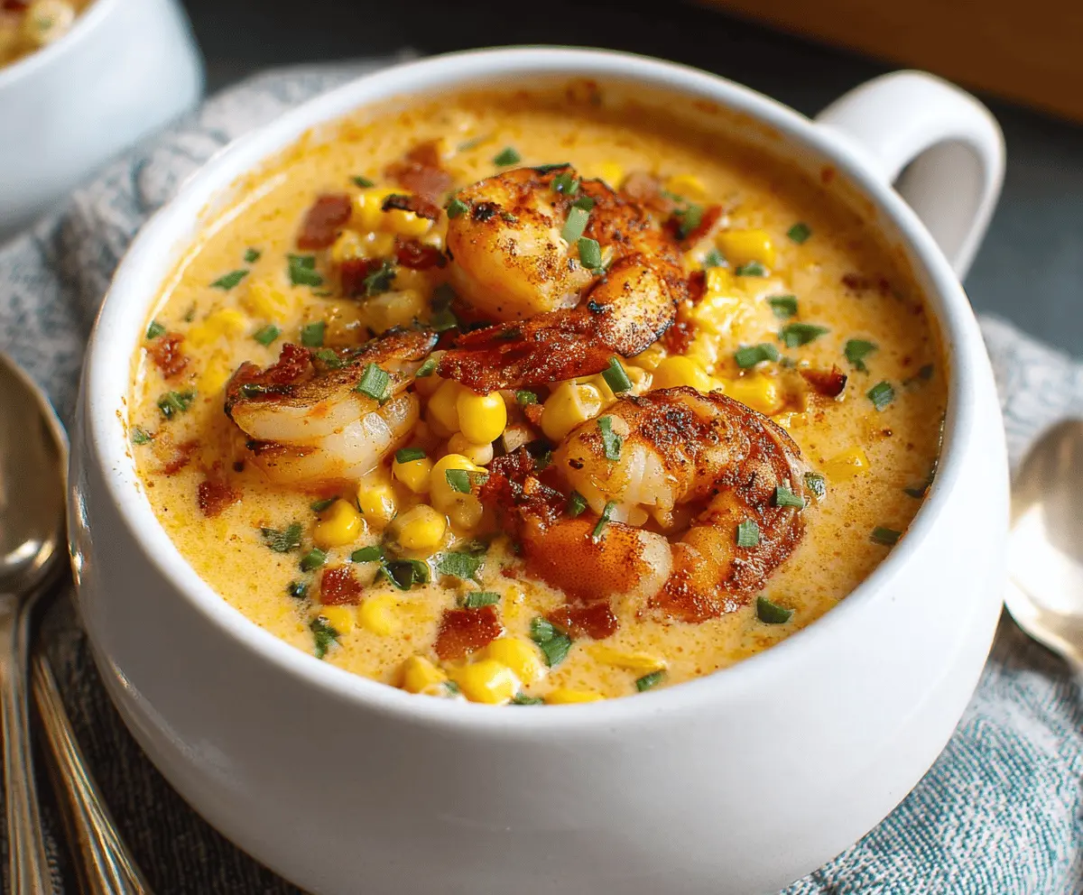 Creamy New Orleans Shrimp and Corn Bisque served in a bowl, featuring tender shrimp, sweet corn, and flavorful spices for a delicious seafood soup