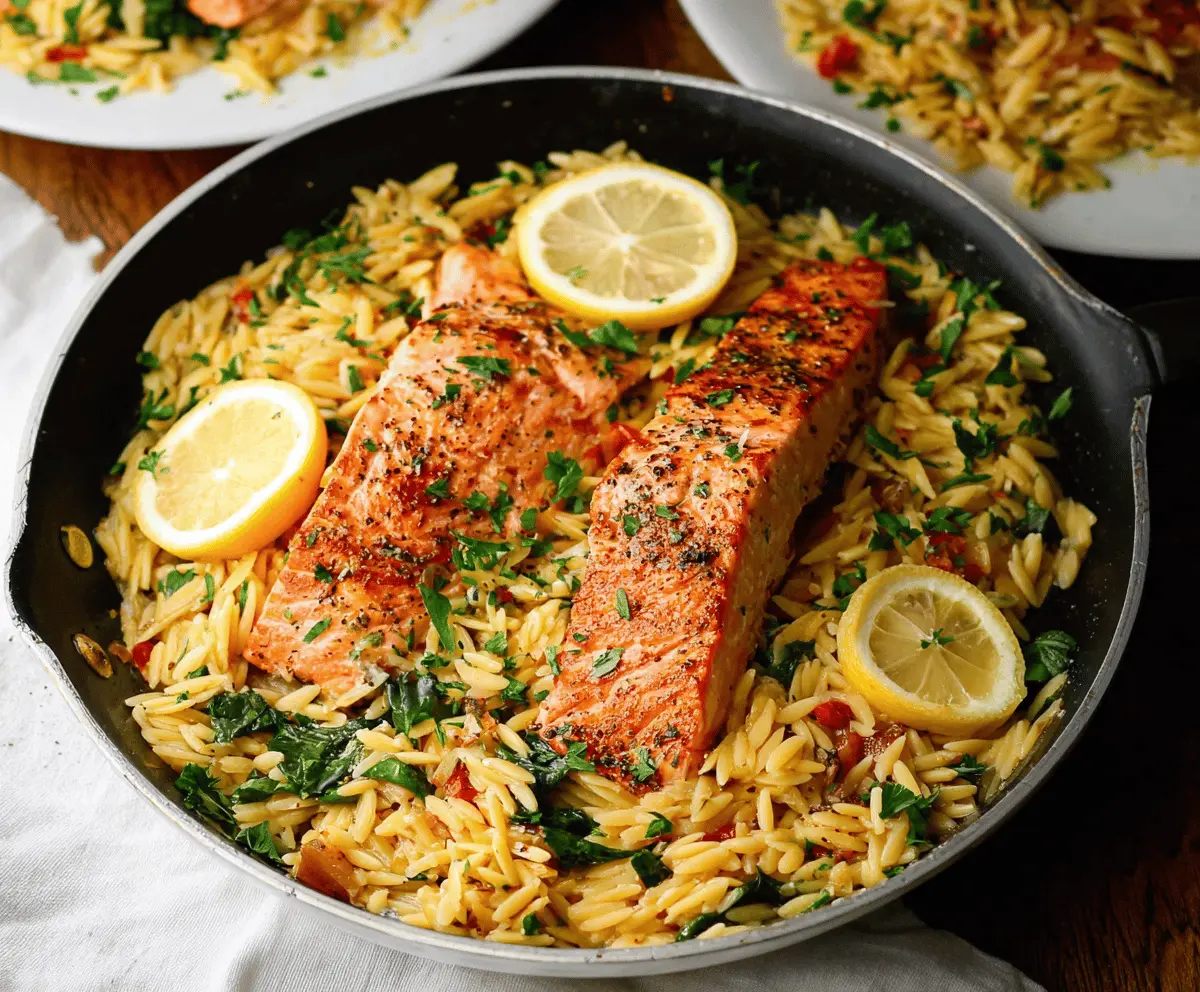 Delicious one skillet salmon with lemon orzo, garnished with fresh herbs on a white plate, perfect for a quick and healthy dinner.
