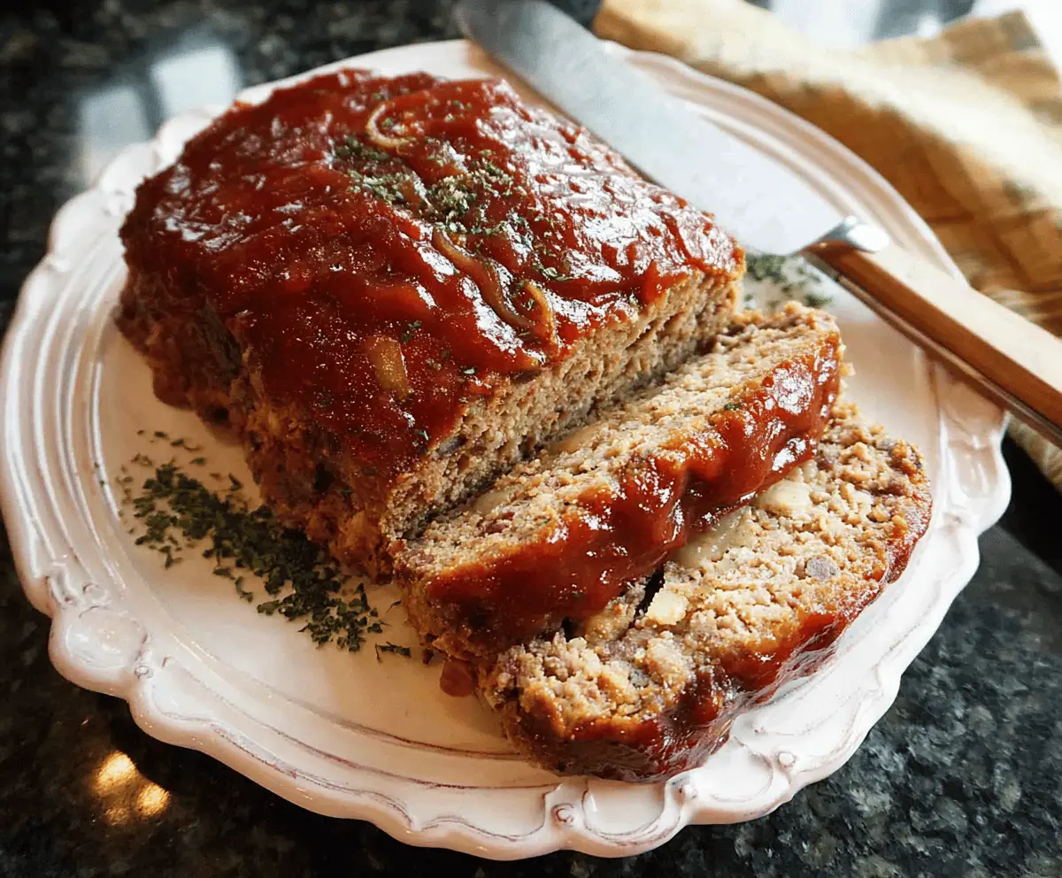 Delicious meatloaf topped with onion soup mix glaze, served on a plate with green beans and mashed potatoes for a hearty family dinner.