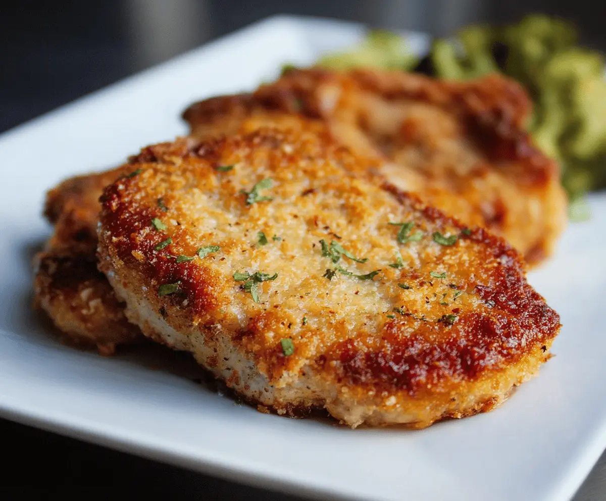 Delicious Parmesan Crusted Pork Chops served with fresh herbs and a side of vegetables, crispy golden-brown exterior, juicy and flavorful inside