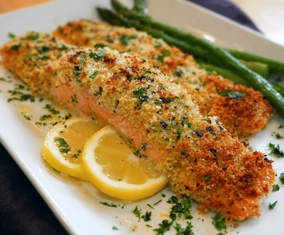 Delicious Parmesan crusted salmon fillet topped with golden toasted Parmesan cheese and herbs, served on a white plate with fresh lemon wedges