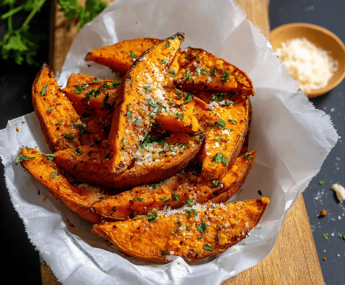 Delicious Parmesan Garlic Sweet Potato Wedges on a white plate, seasoned with herbs and garnished with fresh parsley, perfect for a healthy snack or side dish.
