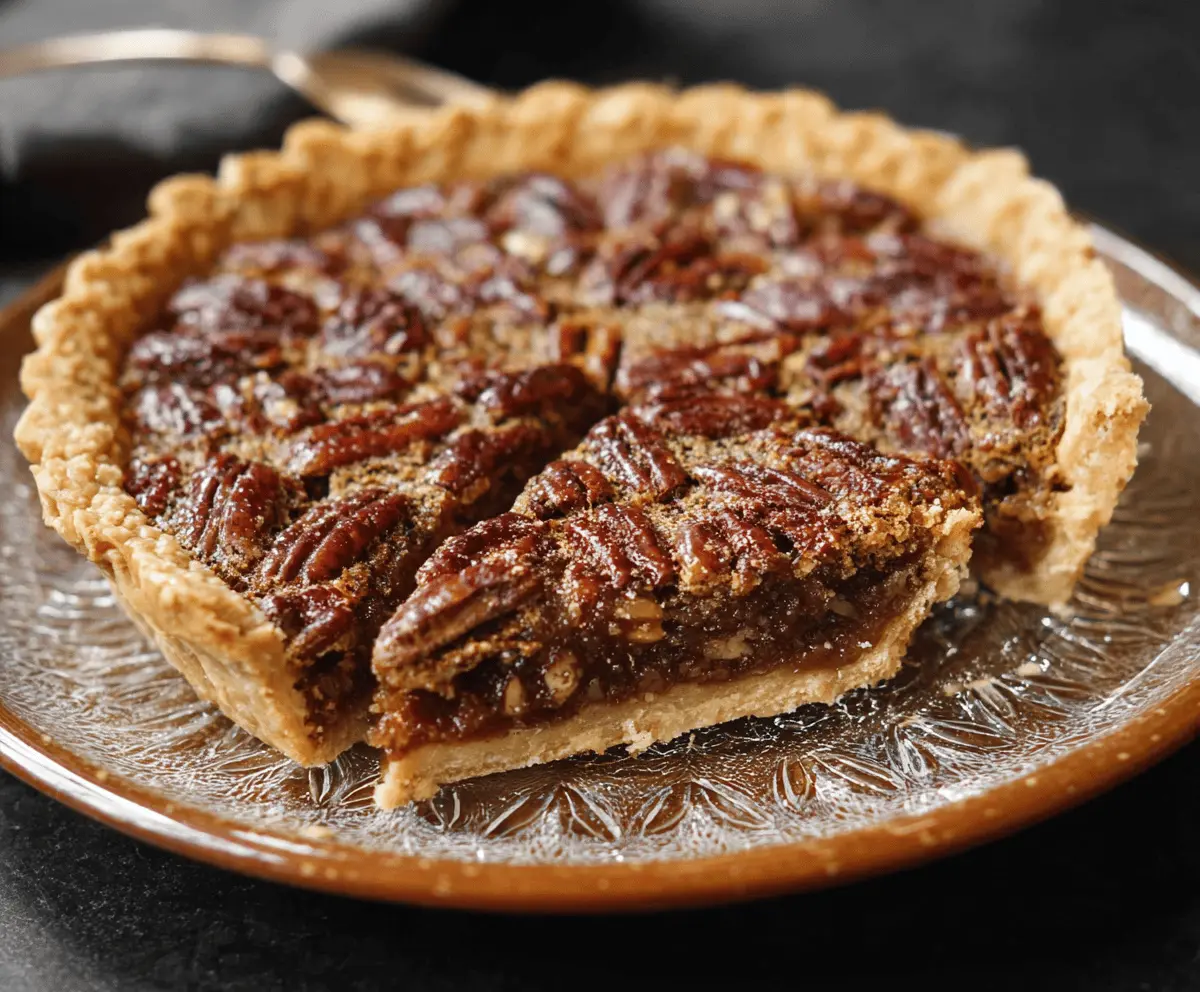 Delicious homemade pecan pie topped with caramelized pecans and a golden crust, perfect for dessert or holiday gatherings.