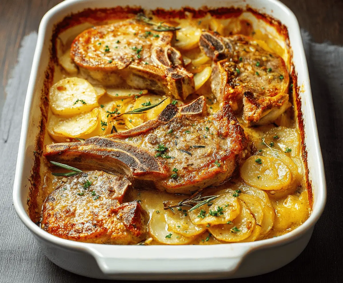 Delicious pork chops served with creamy scalloped potatoes casserole on a plate, garnished with fresh herbs for a hearty meal