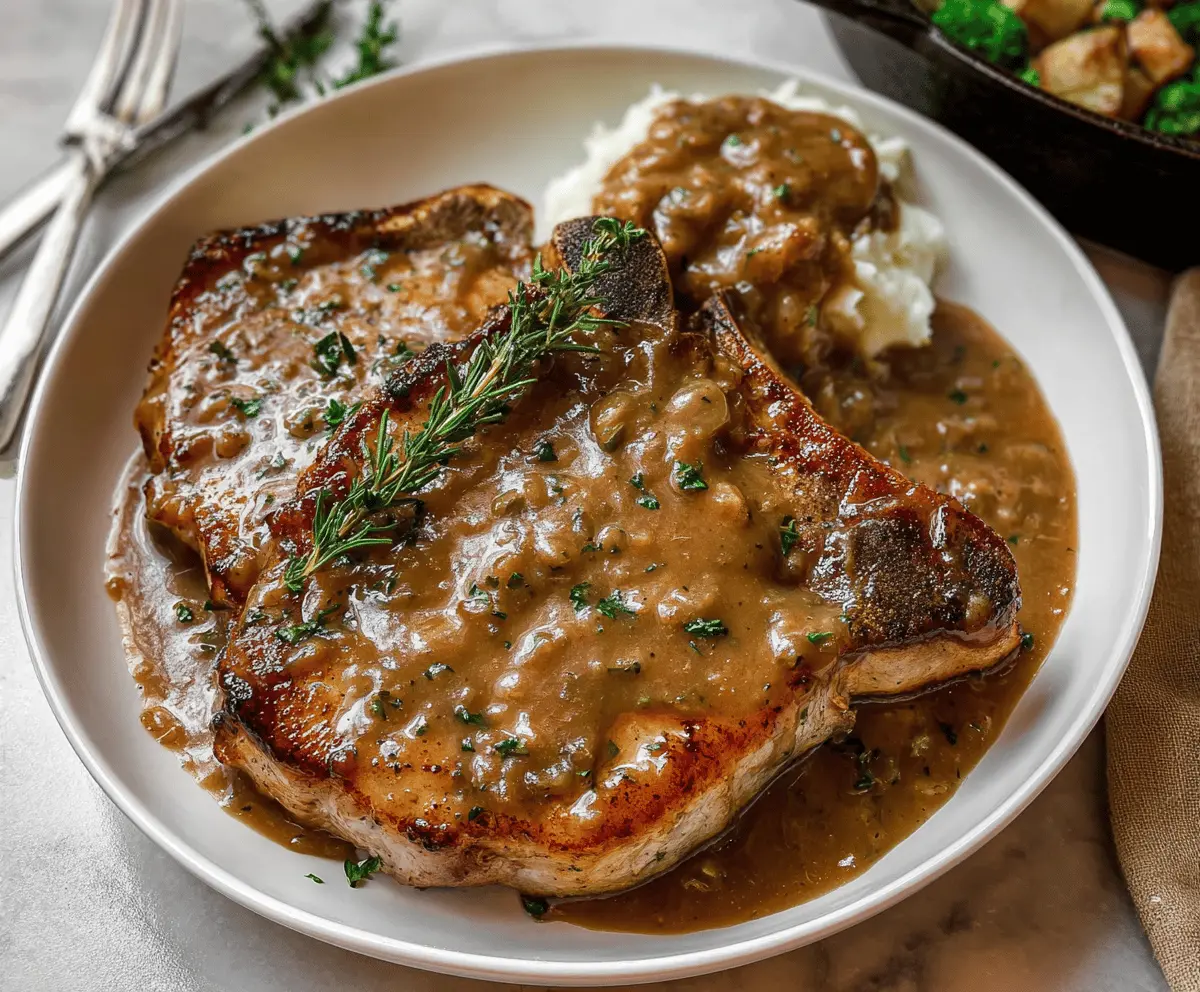 Juicy pork chops topped with rich, savory pan gravy served on a plate with side vegetables