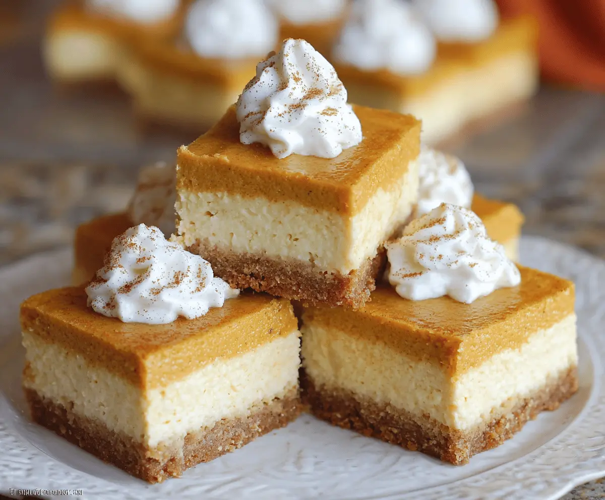 Creamy pumpkin cheesecake bars with a graham cracker crust topped with whipped cream and cinnamon.