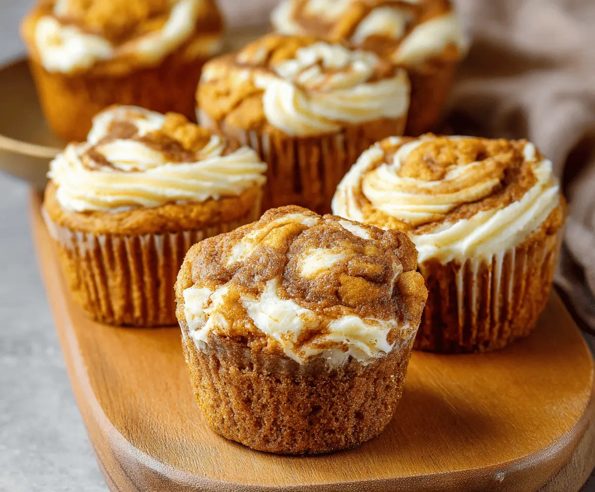 Delicious pumpkin cheesecake muffins filled with creamy cream cheese, topped with a sprinkle of cinnamon and a swirl of cream cheese frosting, perfect for fall desserts.