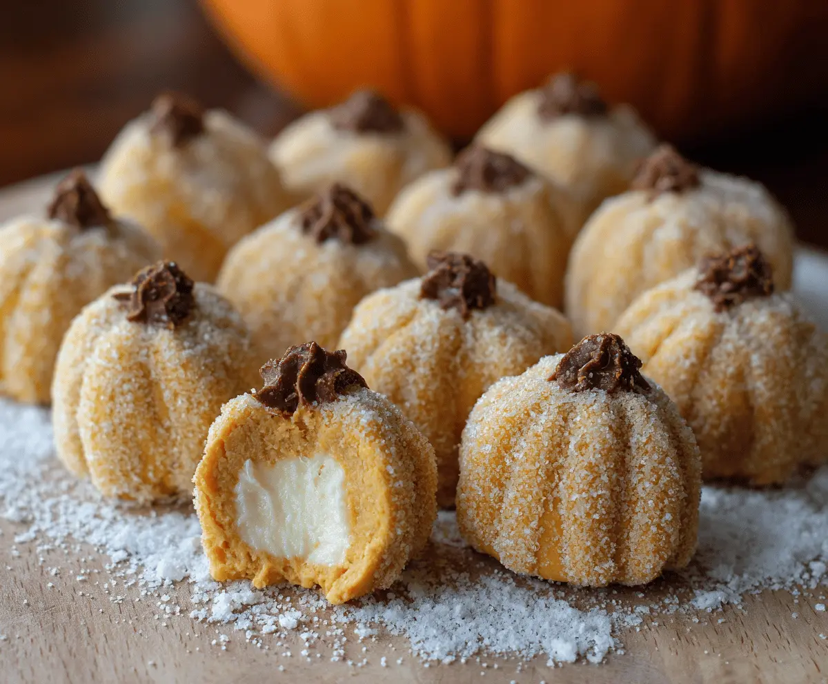 Delicious pumpkin cheesecake truffles with a creamy filling and festive fall decoration, perfect for dessert lovers and holiday treats.