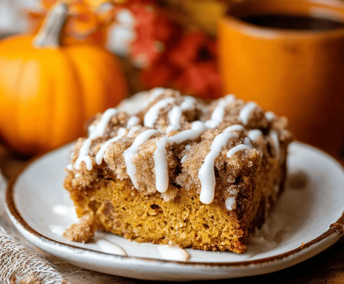 Delicious homemade pumpkin coffee cake topped with cinnamon streusel, perfect for fall breakfast or brunch