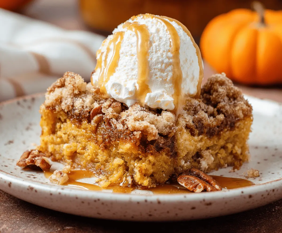 Delicious homemade Pumpkin Dump Cake topped with whipped cream, perfect for fall desserts and Thanksgiving celebrations.