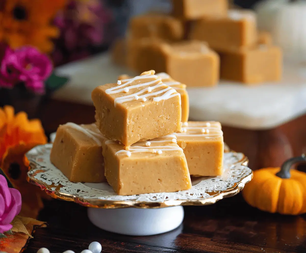 Creamy homemade pumpkin fudge topped with a drizzle of white chocolate and sprinkled with crushed nuts, perfect for fall desserts.