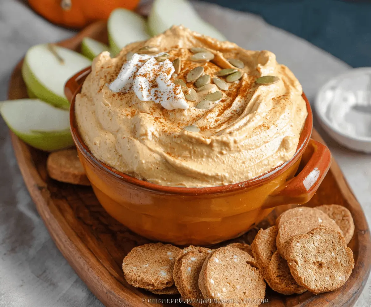 Creamy pumpkin mousse dip topped with whipped cream and cinnamon, perfect for fall gatherings and parties.