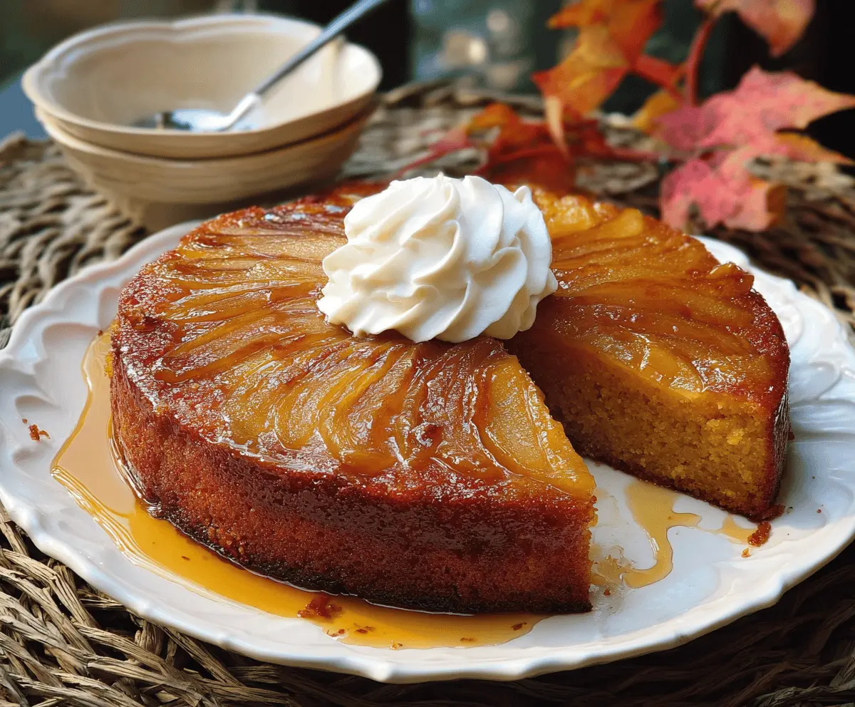Delicious pumpkin upside down cake topped with caramelized pumpkin slices and whipped cream, perfect for fall dessert