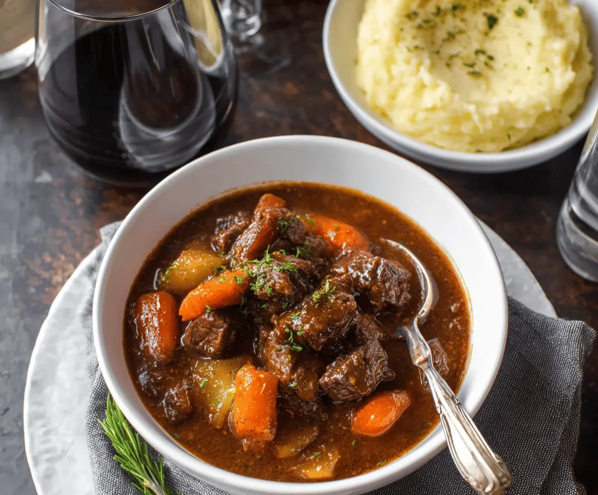 A hearty bowl of Red Wine Beef Stew with tender beef chunks, vegetables, and a rich, savory sauce garnished with fresh herbs.