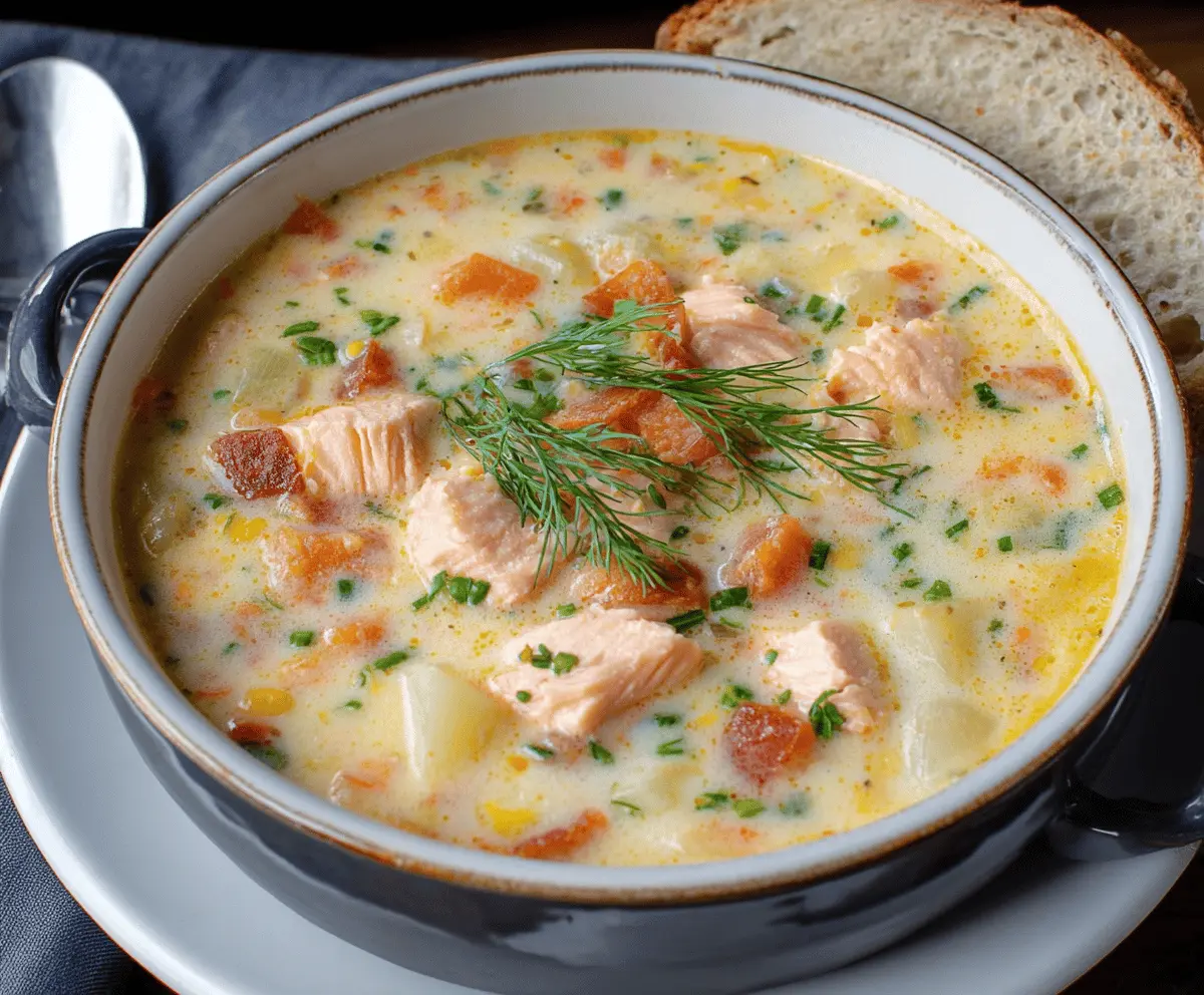 Creamy salmon chowder soup with fresh salmon, diced potatoes, corn, and herbs served in a bowl for a comforting seafood meal