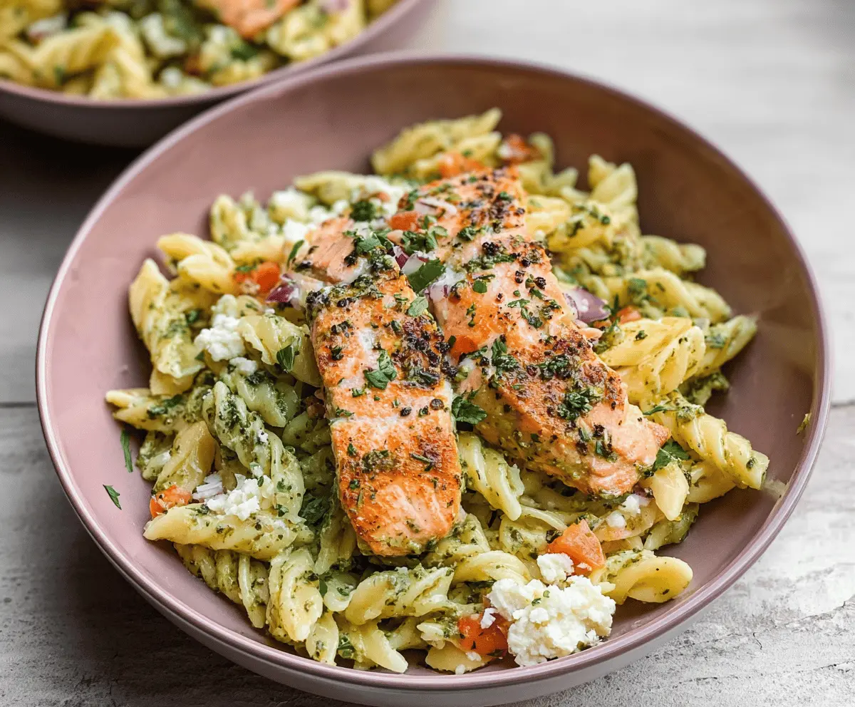 Creamy salmon pesto pasta served with fresh basil and cherry tomatoes, garnished with grated Parmesan cheese.