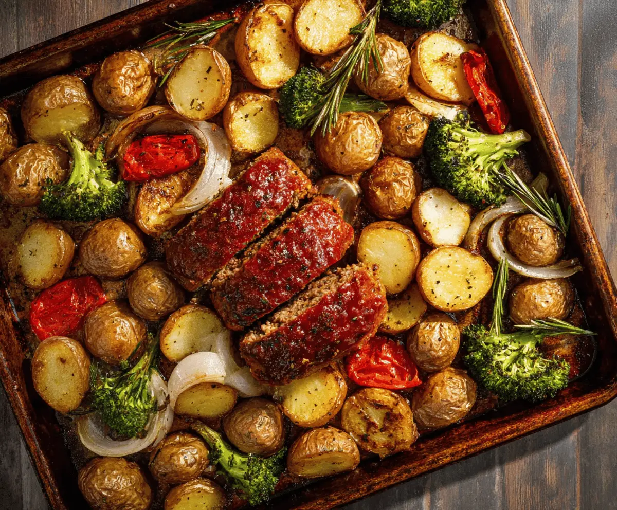 Delicious sheet pan meatloaf with roasted potatoes and fresh vegetables on a baking sheet