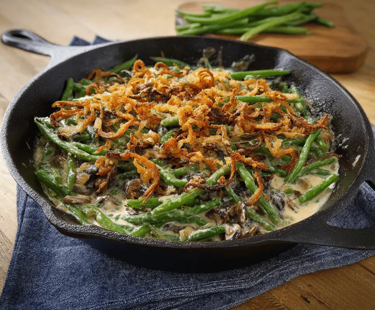 Delicious skillet green bean casserole with crispy onions and fresh green beans for a hearty holiday side dish.