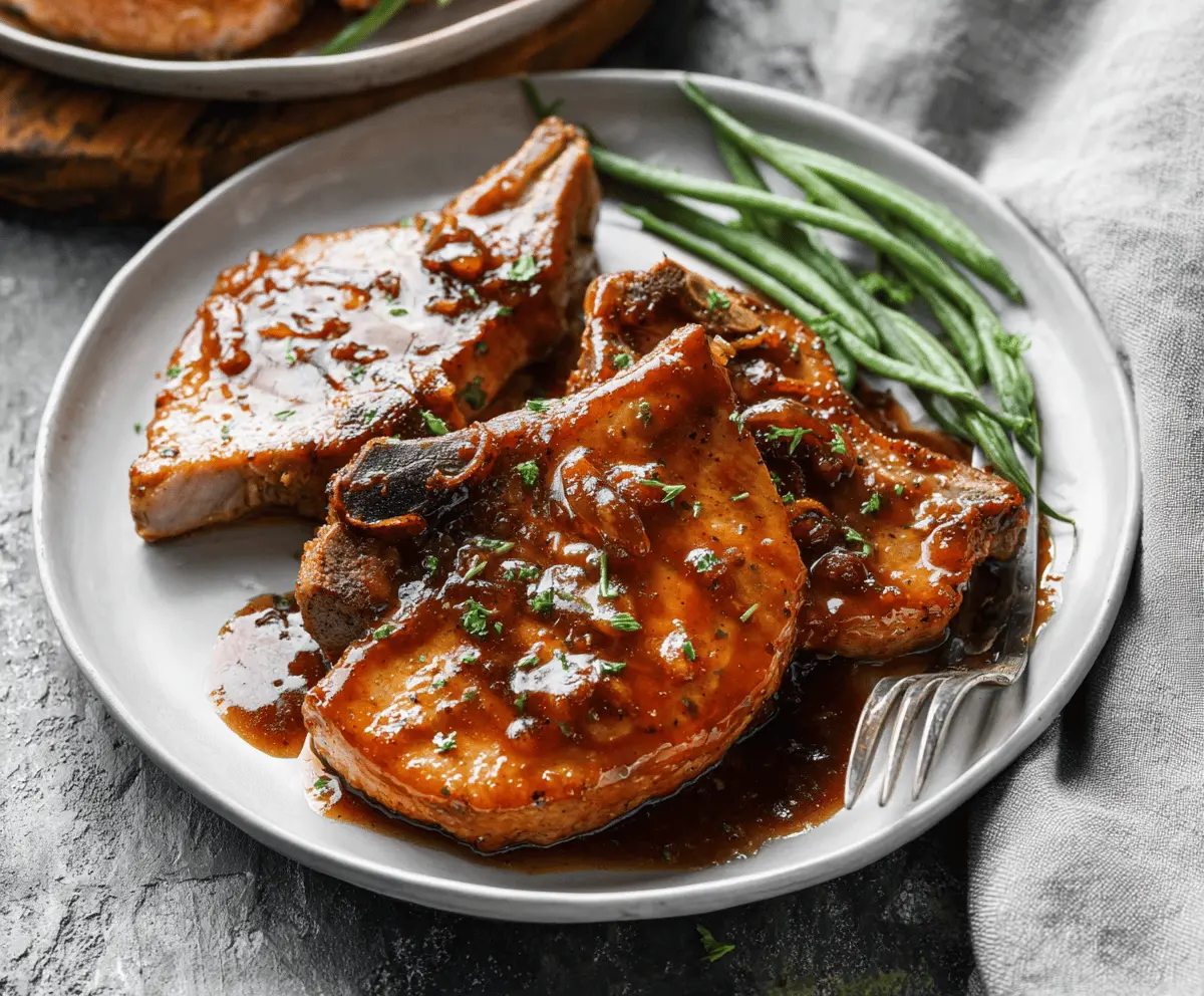 Juicy and tender slow cooker pork chops served with vegetables on a white plate, perfect for a comforting meal.