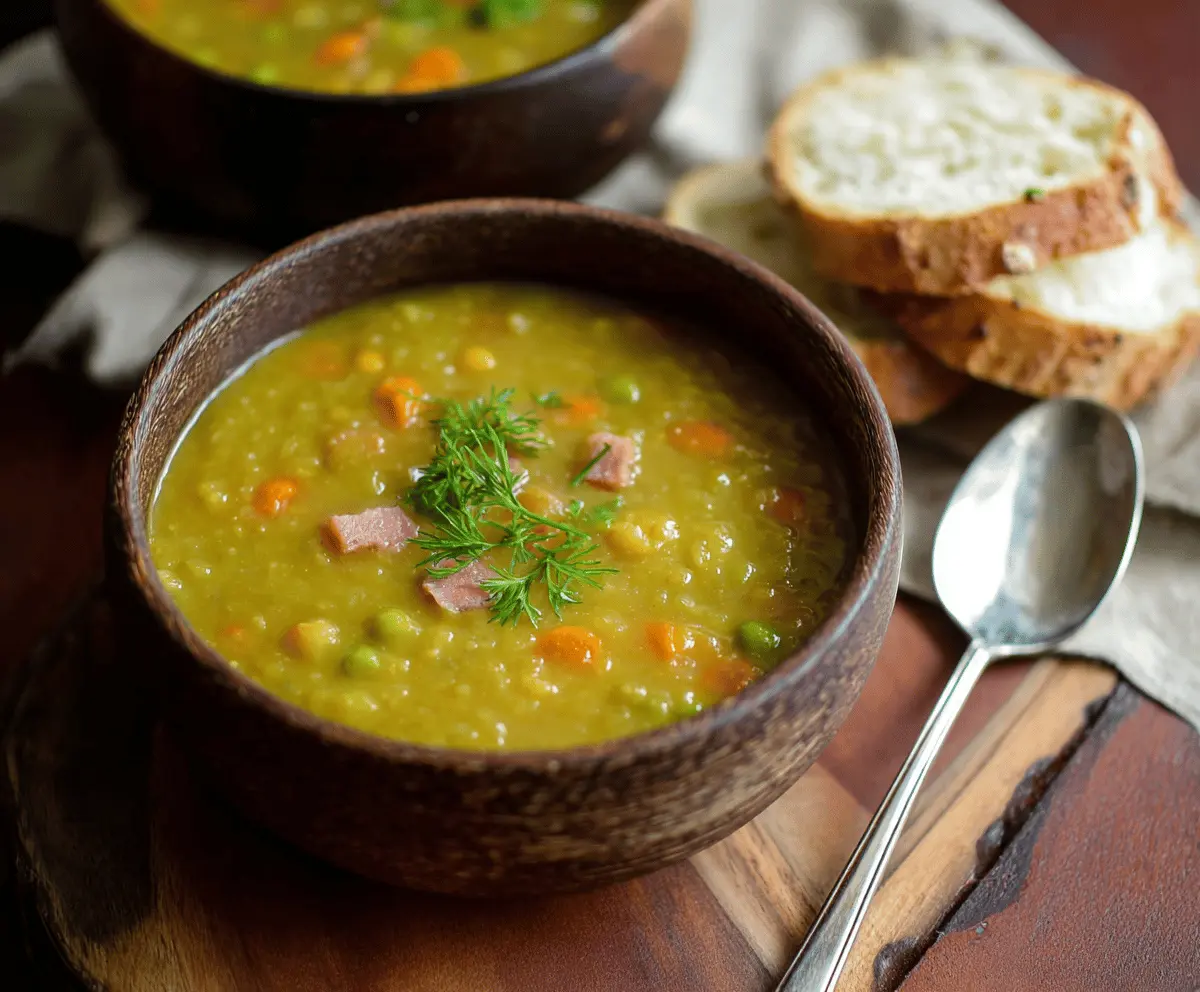 Creamy green split pea soup garnished with chopped herbs and served in a bowl, perfect for a hearty, nutritious meal.