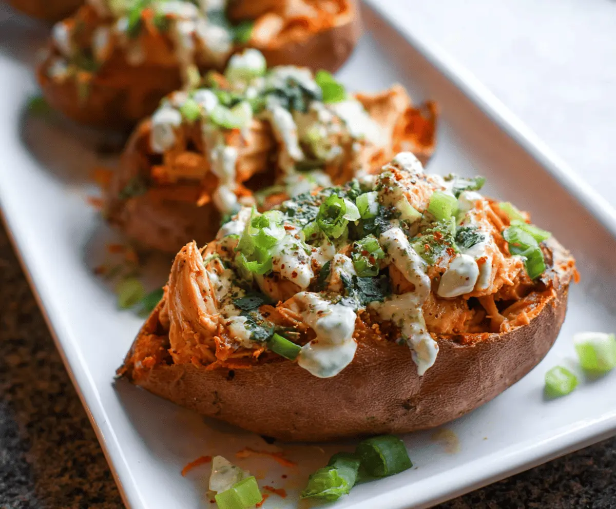 Healthy stuffed sweet potato topped with tender chicken, fresh vegetables, and melted cheese, served as a delicious and nutritious meal option.