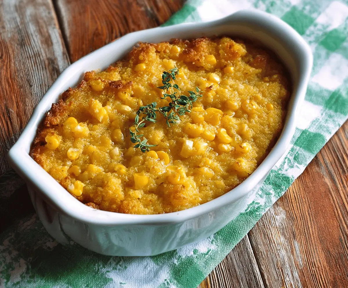 Delicious sweet corn casserole served in a baking dish, perfect for family dinners and holiday gatherings.
