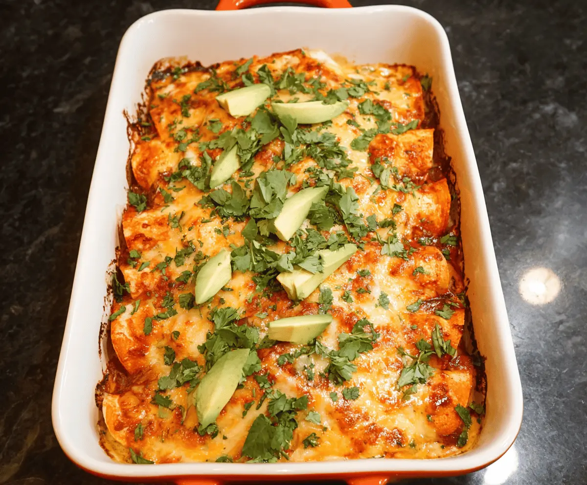 Delicious sweet potato and chicken enchiladas topped with melted cheese and fresh cilantro on a plate, ready to serve.