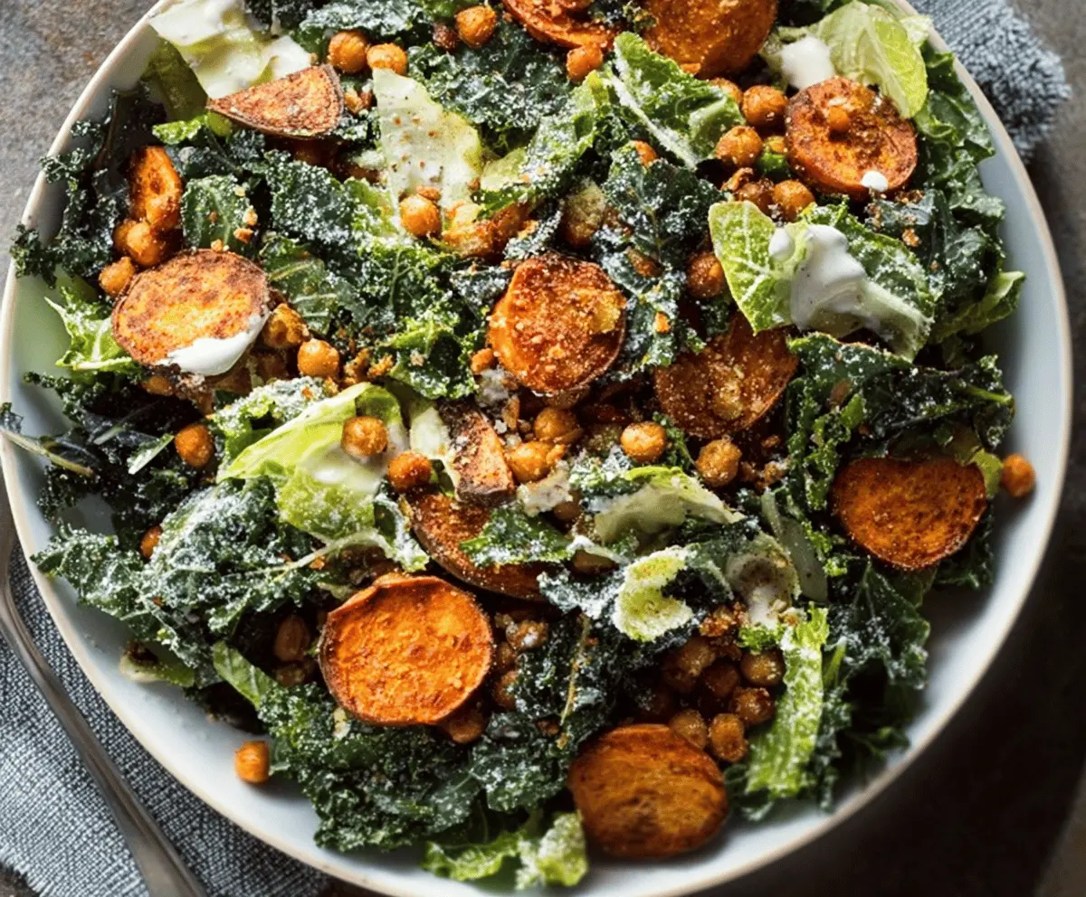 Fresh sweet potato and kale Caesar salad served in a bowl, highlighting vibrant colors and healthy ingredients.