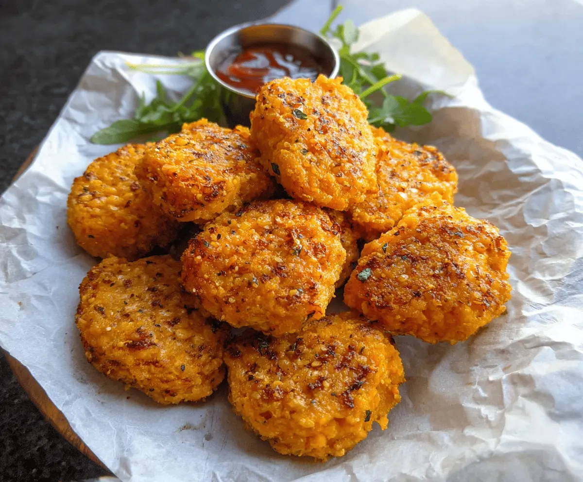 Crispy baked sweet potato nuggets served with dipping sauce on a plate, healthy snack option
