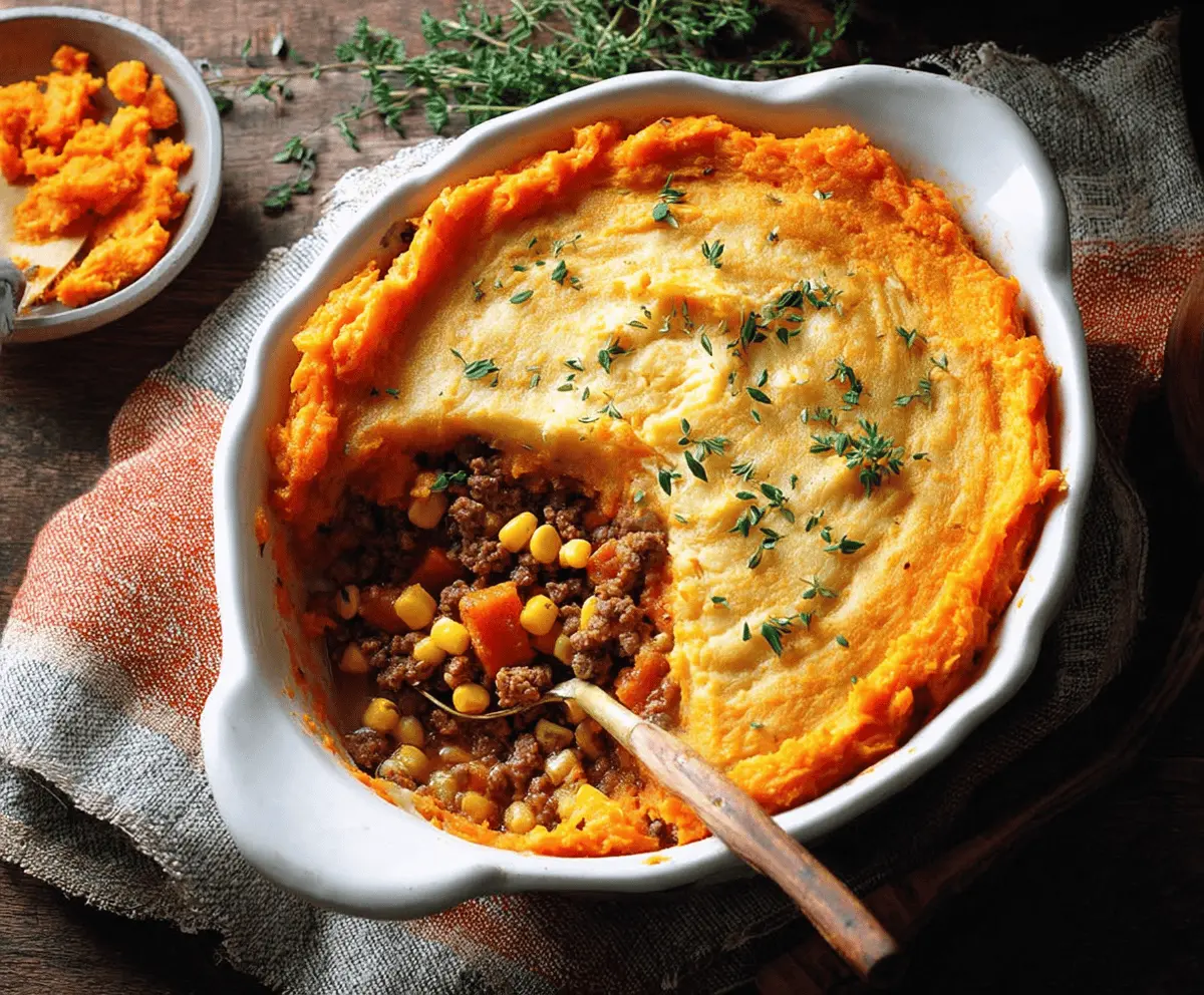 Delicious homemade Sweet Potato Shepherd’s Pie with a golden crust and savory filling