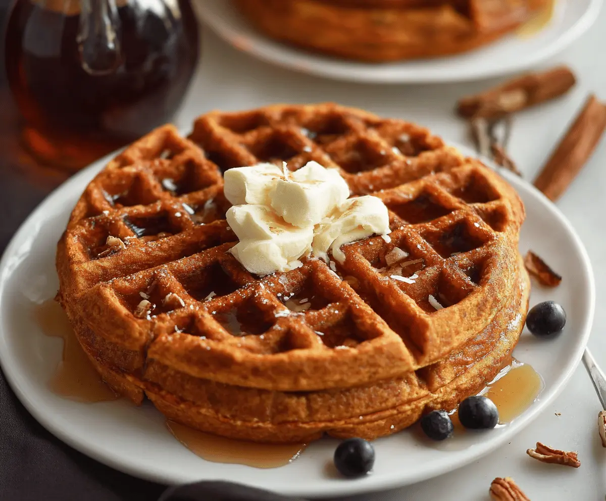 Delicious homemade sweet potato waffles topped with fresh fruit and syrup, served on a plate for breakfast or brunch.